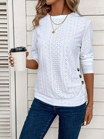 Chic Long-Sleeved Crew Neck Tee - Made from Soft Elastic, Featuring Faux Button Details, Machine Washable, Solid Hue, Length, Ideal for Spring And Autumn - Women'S Fashion Apparel