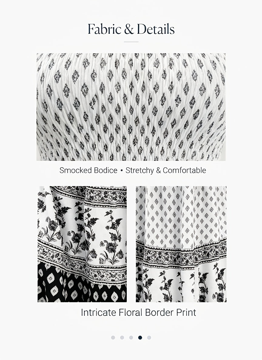 Plus Size - 1pc Spring Summer Mother'S Day Plus Size Women Elegant Bohemian Maxi Dress - Square Neck Puff Sleeve Smocked Bodice Floral Geometric Print Tiered Long Skirt Sophisticated Graceful Style For Vacation Beach Party Wear