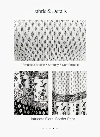 Plus Size - 1pc Spring Summer Mother'S Day Plus Size Women Elegant Bohemian Maxi Dress - Square Neck Puff Sleeve Smocked Bodice Floral Geometric Print Tiered Long Skirt Sophisticated Graceful Style For Vacation Beach Party Wear