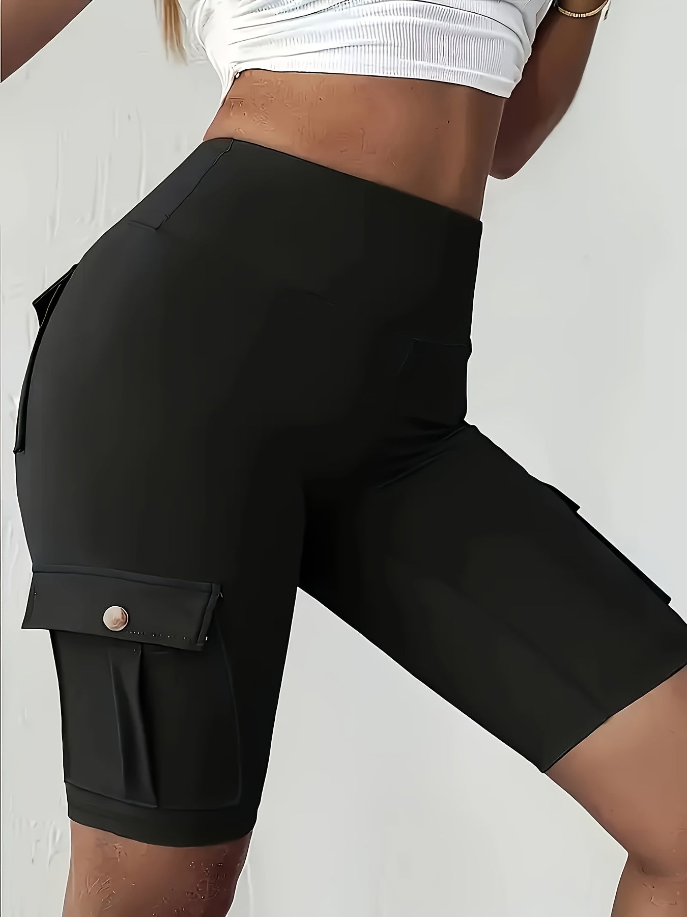 High Waist Women's Solid Color Sports Yoga Tooling Shorts with Pocket Design