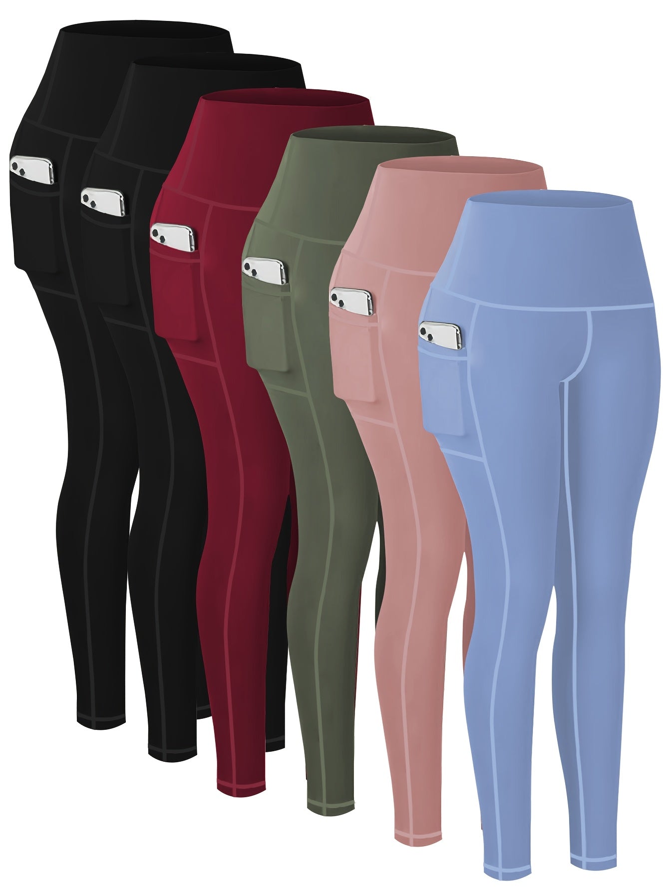 Plus Size 6pcs Set Women's Pockets Yoga Pants, Fitness Running Compression Leggings Butt Lift High Waisted Tummy Control Slimming Yoga Pants WithPockets, Workout Running