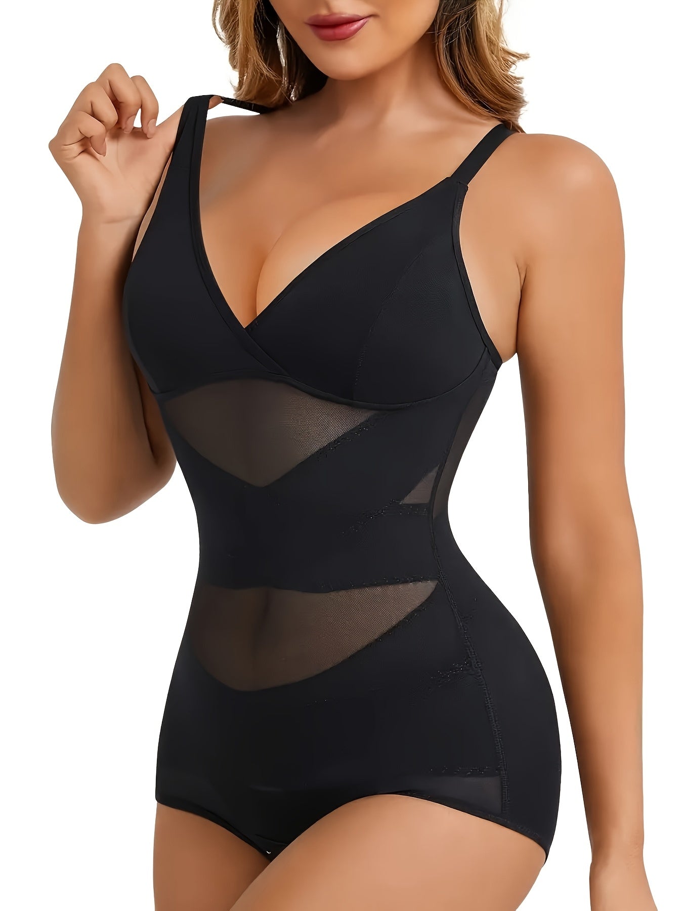 Sexy Deep V-neck Women'S Shapewear, With Cross Cinching And Chest Lifting Straps And Detachable Chest Pads, Can Be Worn All Day Long With Breathable Mesh Deep V-neck Design, With Quick Snap Cinching And Hip Lifting, Full Body Shapewear