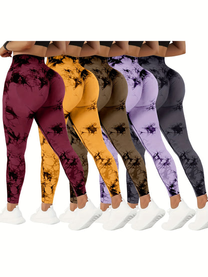 Set of 5 High-Waisted Yoga Pants for Women with Tummy Control, Summer Tie-Dye Fitness Leggings, Stretchy Running Tights for Peach Lift Workouts, Available in Various Colors