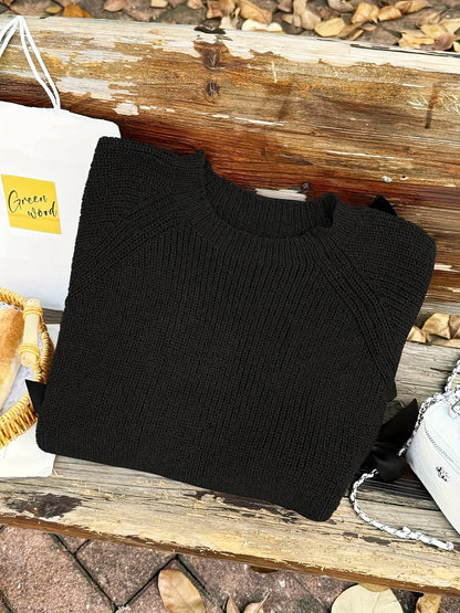 Plus Size, Plus-size  Sweet Style, Round Neck Balloon Sleeve Bow Sweater, Autumn and Winter Atmosphere Items