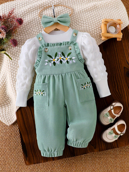 Floral Botanical Embroidered Rompers with Bubble Sleeve Long Sleeve Headband Set 3pcs Baby Girl Clothes Toddler Girls Spring Outfits Toddler Clothes, Perfect for Outdoor
