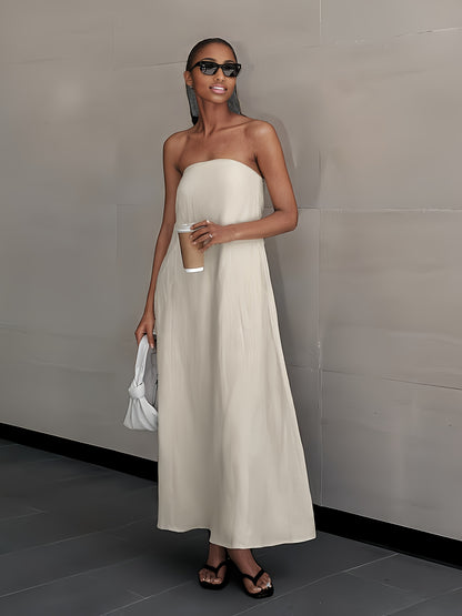 Linen Women's High-Waisted Strapless Backless Patchwork Pocket Dress Lightweight Casual Vacation Dress with Smooth Texture, Solid Color Long Dress for Spring Summer