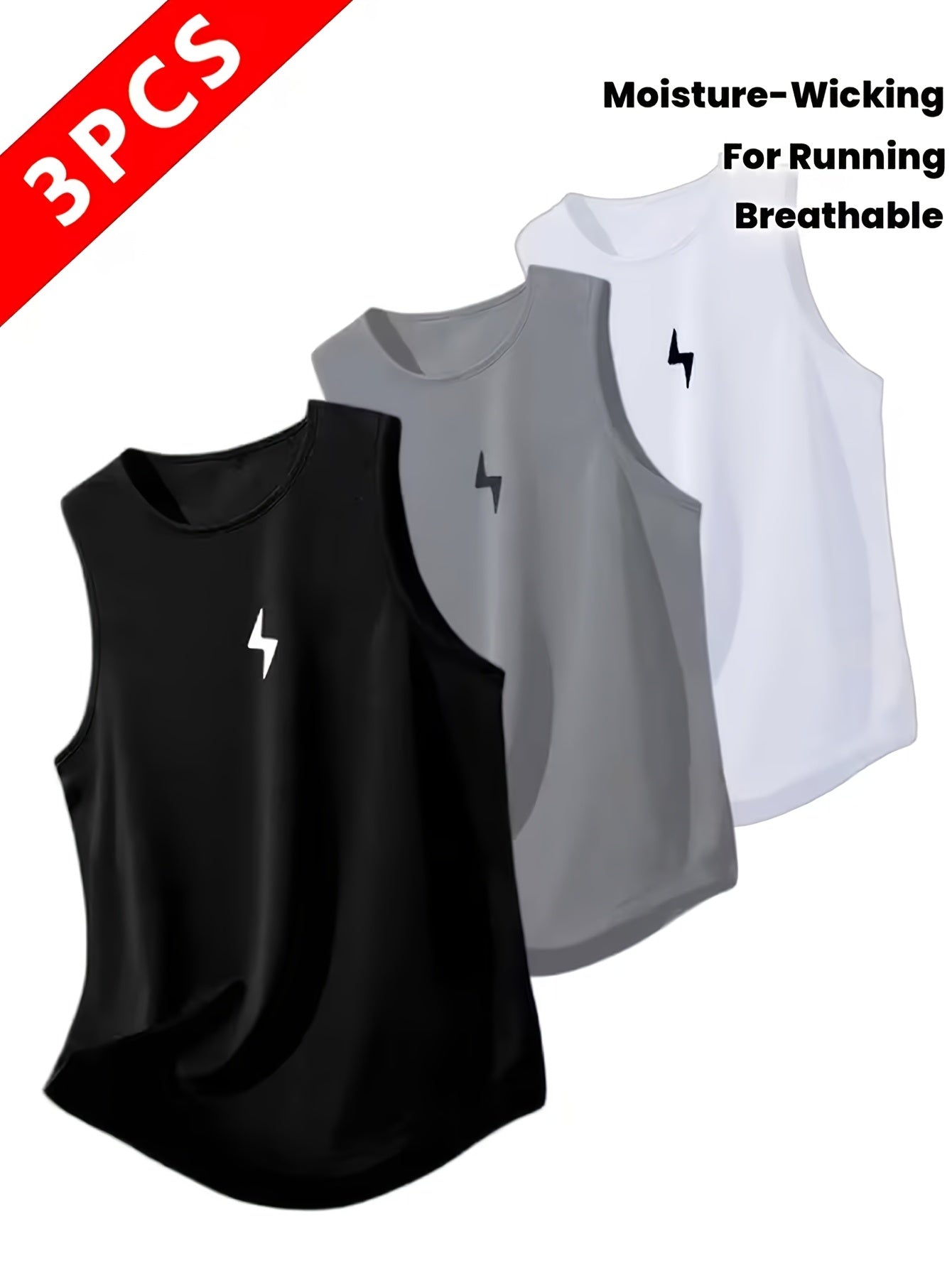 [Quick-Dry Athletic Tees] 3pcs Men's Quick-Dry Moisture-Wicking Athletic Sleeveless Tees | Breathable Gym Shirts with Lightning Bolt Logo-Like Print (Black/White/Grey) - All-Season Training Vests for Running, Swimming, Gym Workouts.