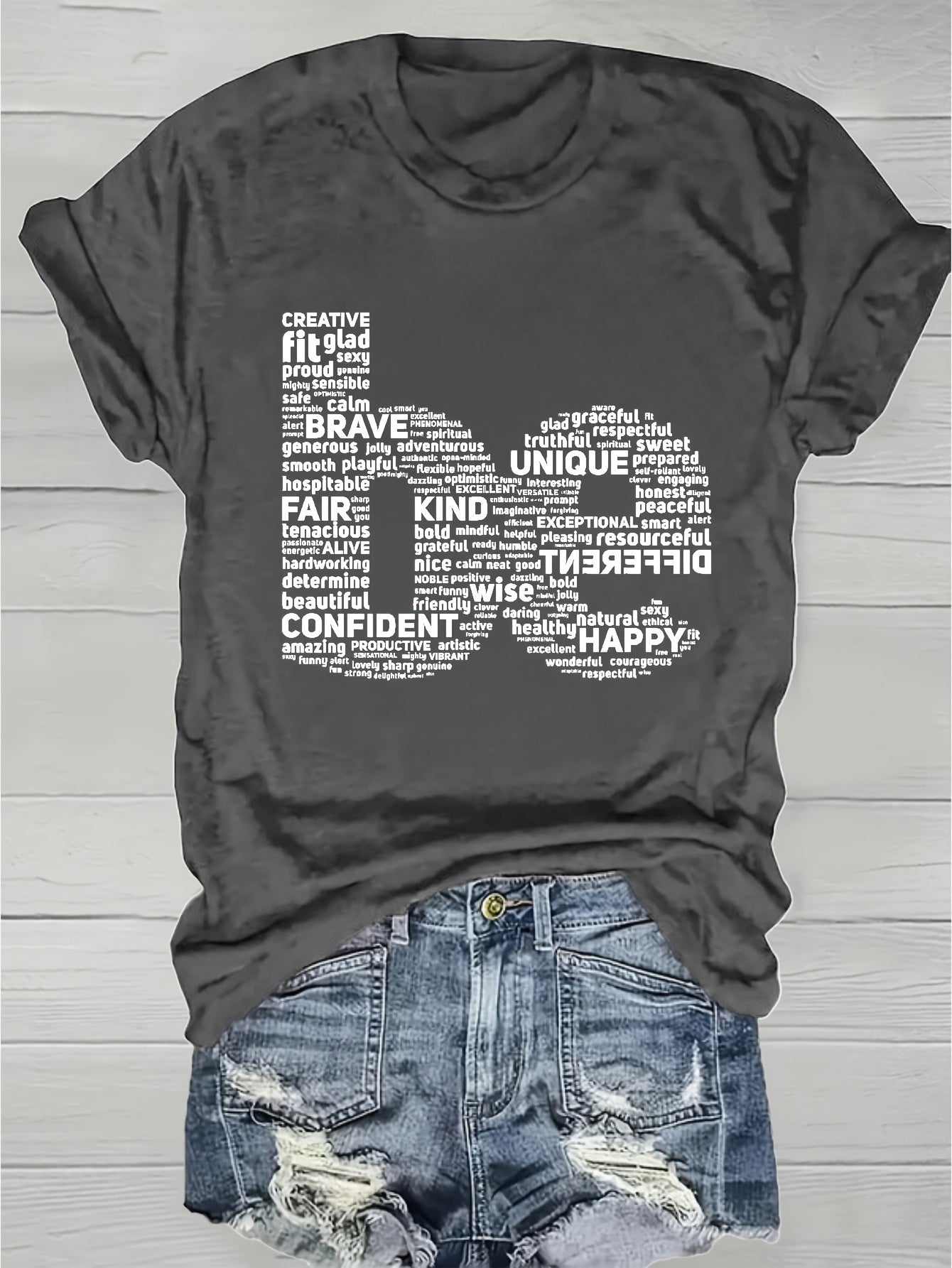 Women's Inspirational Word Cloud Print T-Shirt - Soft Breathable Round Neck Short Sleeve, Light Grey with Positive Affirmations, Medium Stretch Casual Top for Spring Summer Daily & Party Wear, Machine Washable