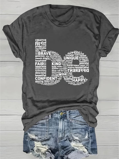 Women's Inspirational Word Cloud Print T-Shirt - Soft Breathable Round Neck Short Sleeve, Light Grey with Positive Affirmations, Medium Stretch Casual Top for Spring Summer Daily & Party Wear, Machine Washable