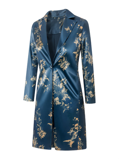 Elegant Fashion Casual Golden Floral Print Stain Overcoat, Baroque Style, Single Button Double Pocket Long Sleeves Long Blazer, Smooth And Delicate Feel, Suitable for Formal And Casual Occasions