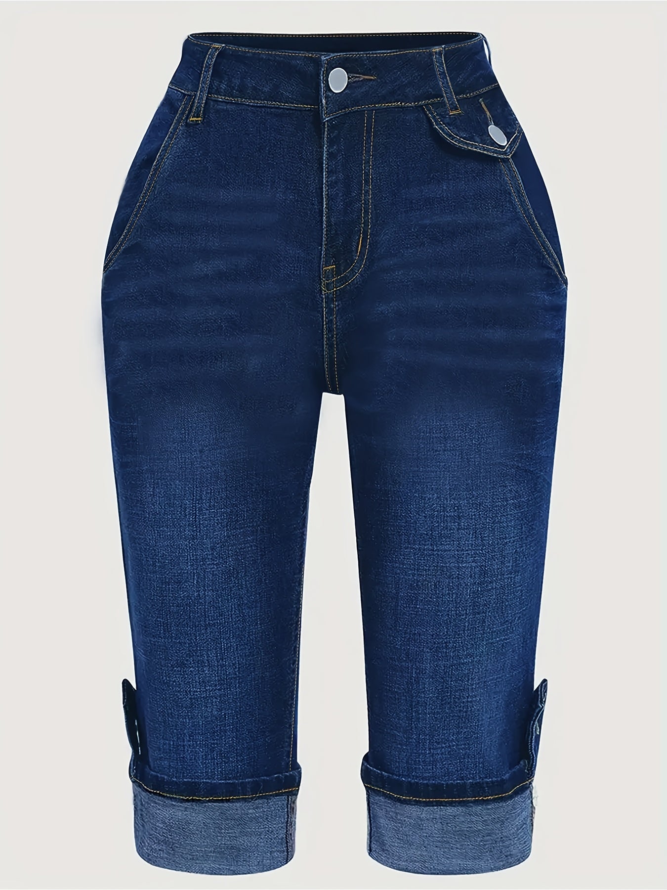 Women'S Plus Size Denim Blue Cropped Jeans | High Waisted Cuffed Hem with Front Pockets, Ankle Decor Buttons, Single Button & Zipper Fly, Street Trendy Casual for Spring/Summer/Fall Wear