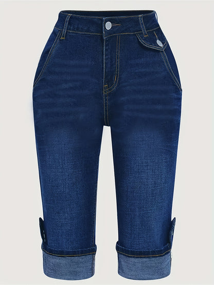 Women'S Plus Size Denim Blue Cropped Jeans | High Waisted Cuffed Hem with Front Pockets, Ankle Decor Buttons, Single Button & Zipper Fly, Street Trendy Casual for Spring/Summer/Fall Wear