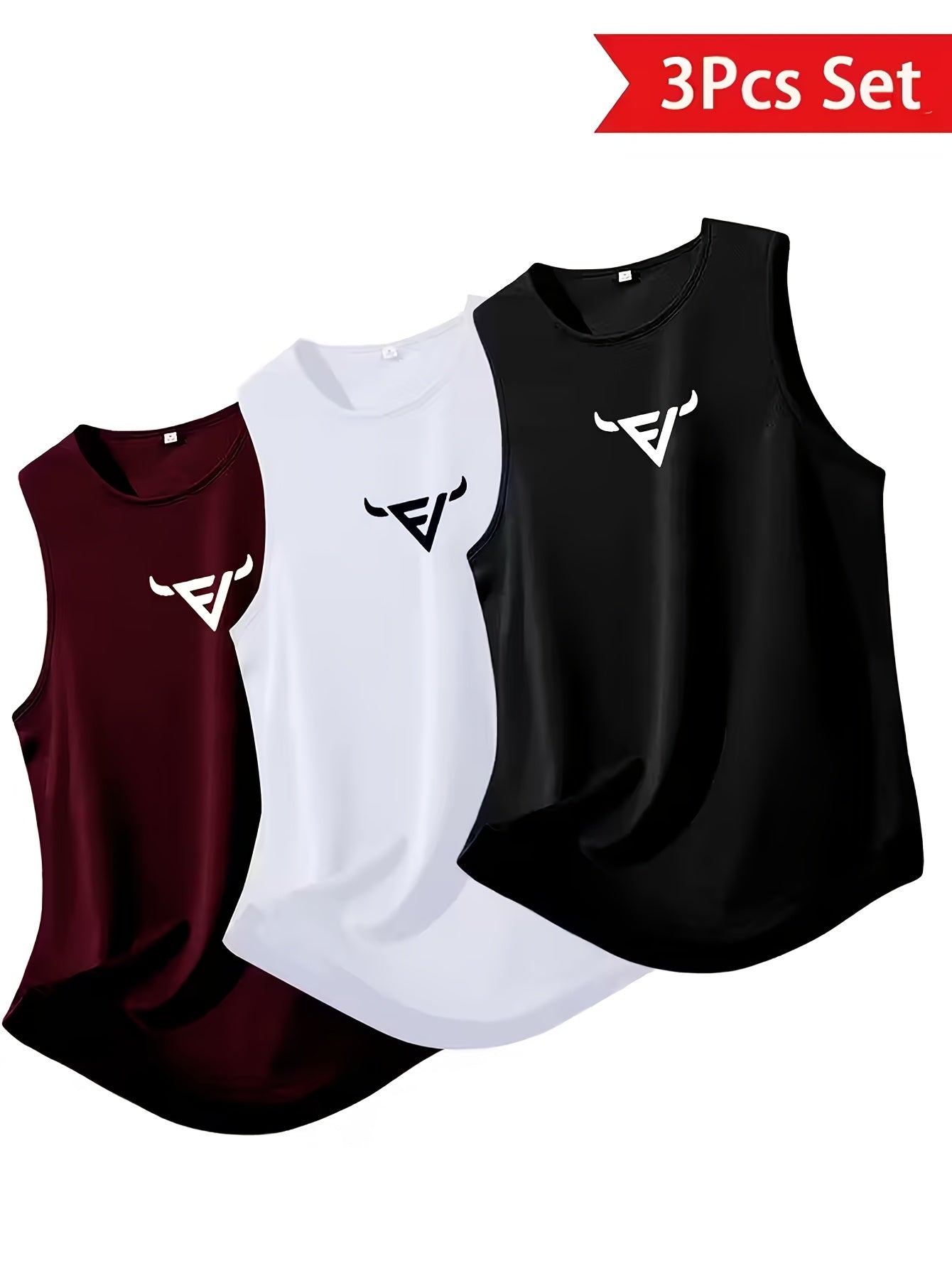 3pcs Mixed Print Bull Head Pattern Men's Breathable Polyester Sports Tank Top - Regular Fit Sleeveless Shirt, Suitable for Gym, Running, Outdoor And Casual Summer Wear, Comfortable T-Shirt, Athletic Style, Training Vest, Energetic Men's Apparel