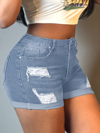 Women's High-Stretch Ripped Denim Shorts - Summer Casual Straight Leg Shorts with Practical Pockets, Machine Washable & Distressed Details for Everyday Comfort