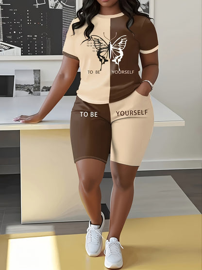 Vibrant Color Block And Butterfly Print Set - Women's Comfortable Short Sleeve T-Shirt with Pocket Shorts Set