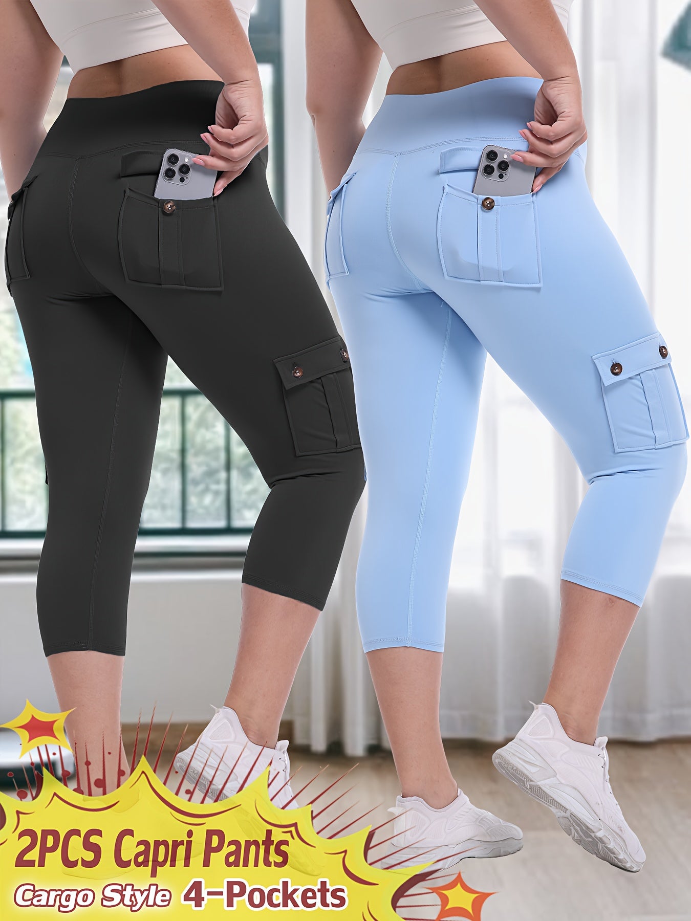 2pcs-Black & Pink High-Waist Leggings - product view 20
