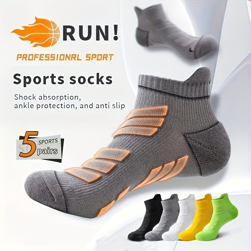 5 Pairs Of Men's Sports Socks, Ankle Support, Suitable for Basketball, Running, Marathon, Sweat-, Breathable Knitted Fabric, Shock Absorption, Non-slip, Thick Towel Bottom