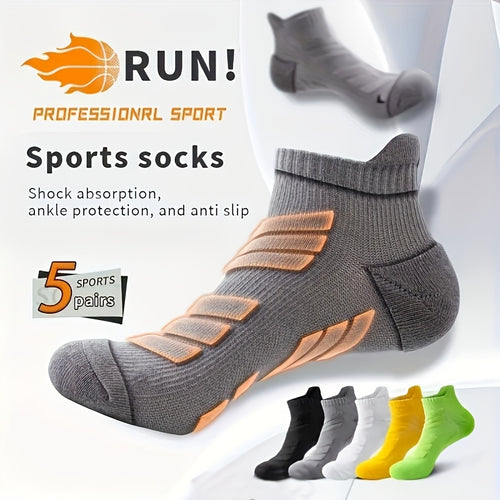 5 Pairs Of Men's Sports Socks, Ankle Support, Suitable for Basketball, Running, Marathon, Sweat-, Breathable Knitted Fabric, Shock Absorption, Non-slip, Thick Towel Bottom