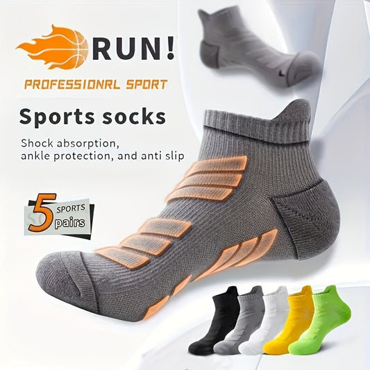 5 Pairs Of Men's Sports Socks, Ankle Support, Suitable for Basketball, Running, Marathon, Sweat-, Breathable Knitted Fabric, Shock Absorption, Non-slip, Thick Towel Bottom
