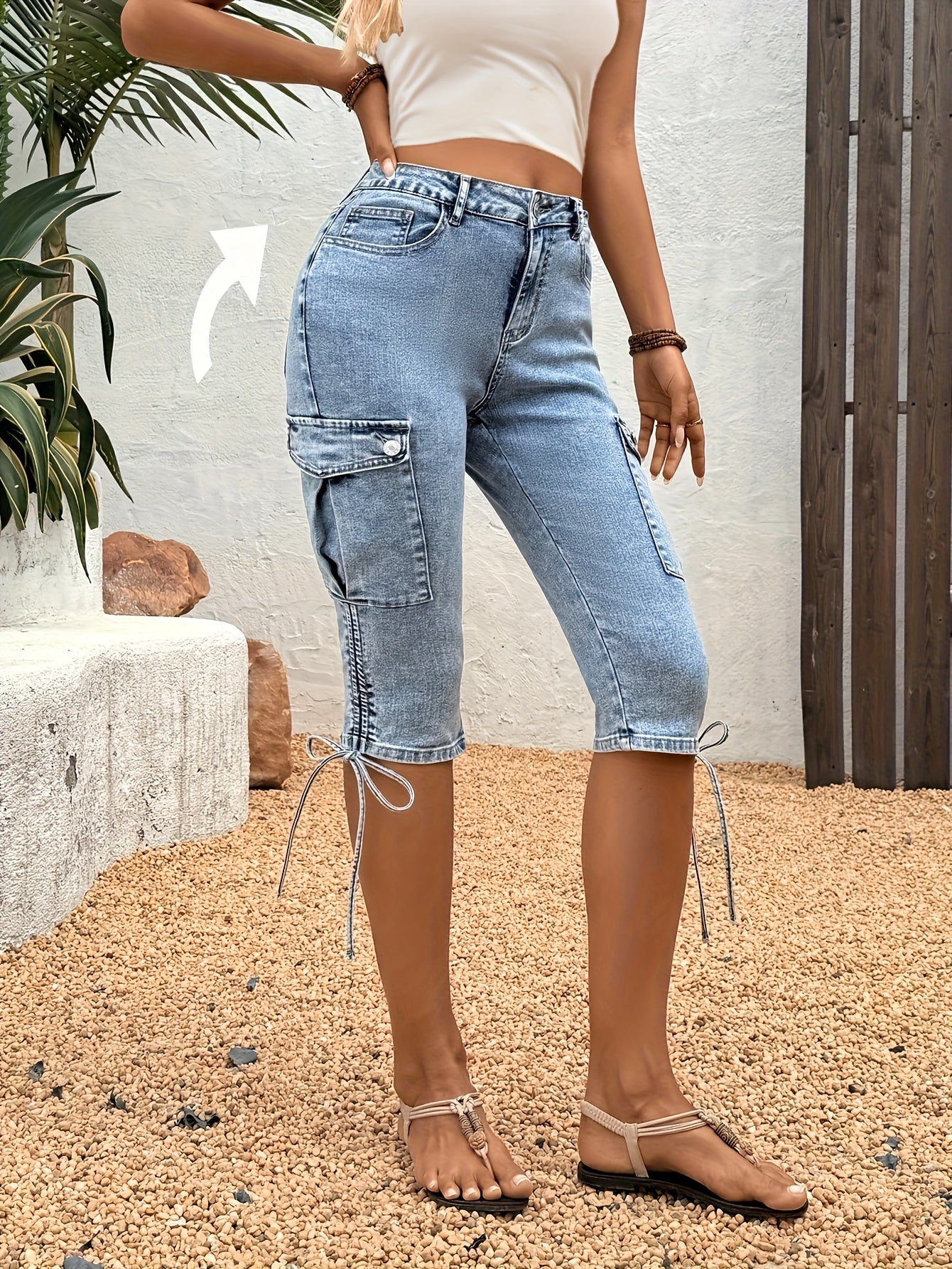 Drawstring Side Flap Pocket Side Cargo Jeans