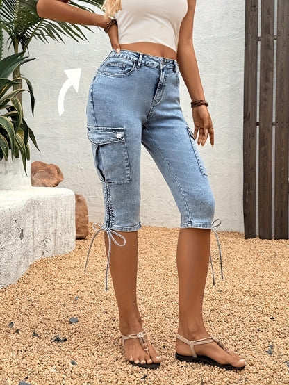 Drawstring Side Flap Pocket Side Cargo Jeans