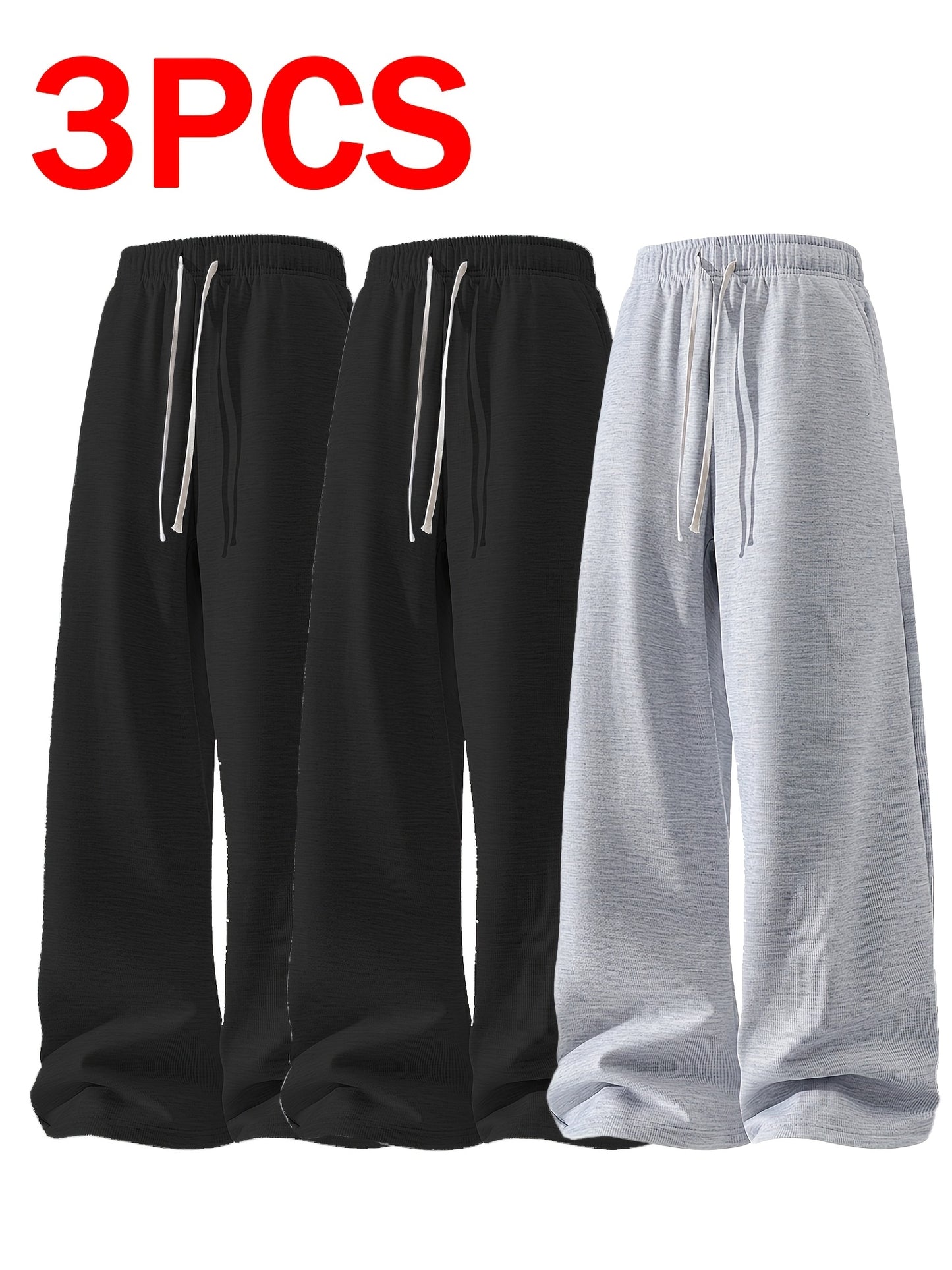 3pcs Men's Lightweight Soft Joggers - Loose Fit Straight Leg Pants Waist, Light Grey & Black/Dark Grey, All-Season Comfort Suitable for Gym, Casual Wear, Everyday Use - Straightforward Casual Style (Stock Available)
