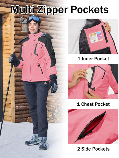 Winter Jacket for Women - Women's Ski Snowboard Jacket Thermal Fleece High Quality Insulated Snow Jacket Casual Work Jacket Outdoor Sports Coat Windbreaker Parka 4 Pockets Camping Snow Jacket Windproof Hood Warm Winter Hiking Fleece Lined Jacket