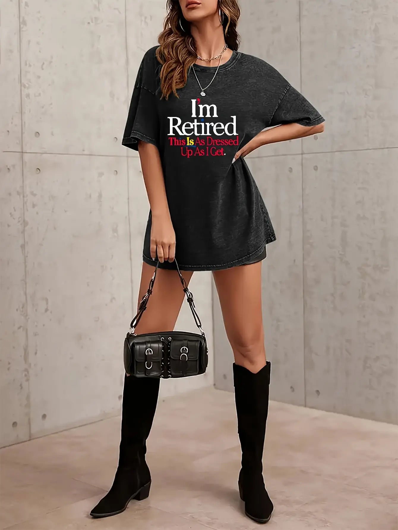 Plus Size, Pattern Printed Women's Retro Washed T-Shirt- 230g Thick, Round Neck Short Sleeve, Retro Street Style, Machine Washable, Spring Summer Casual Wear, Loose Fit T-Shirt