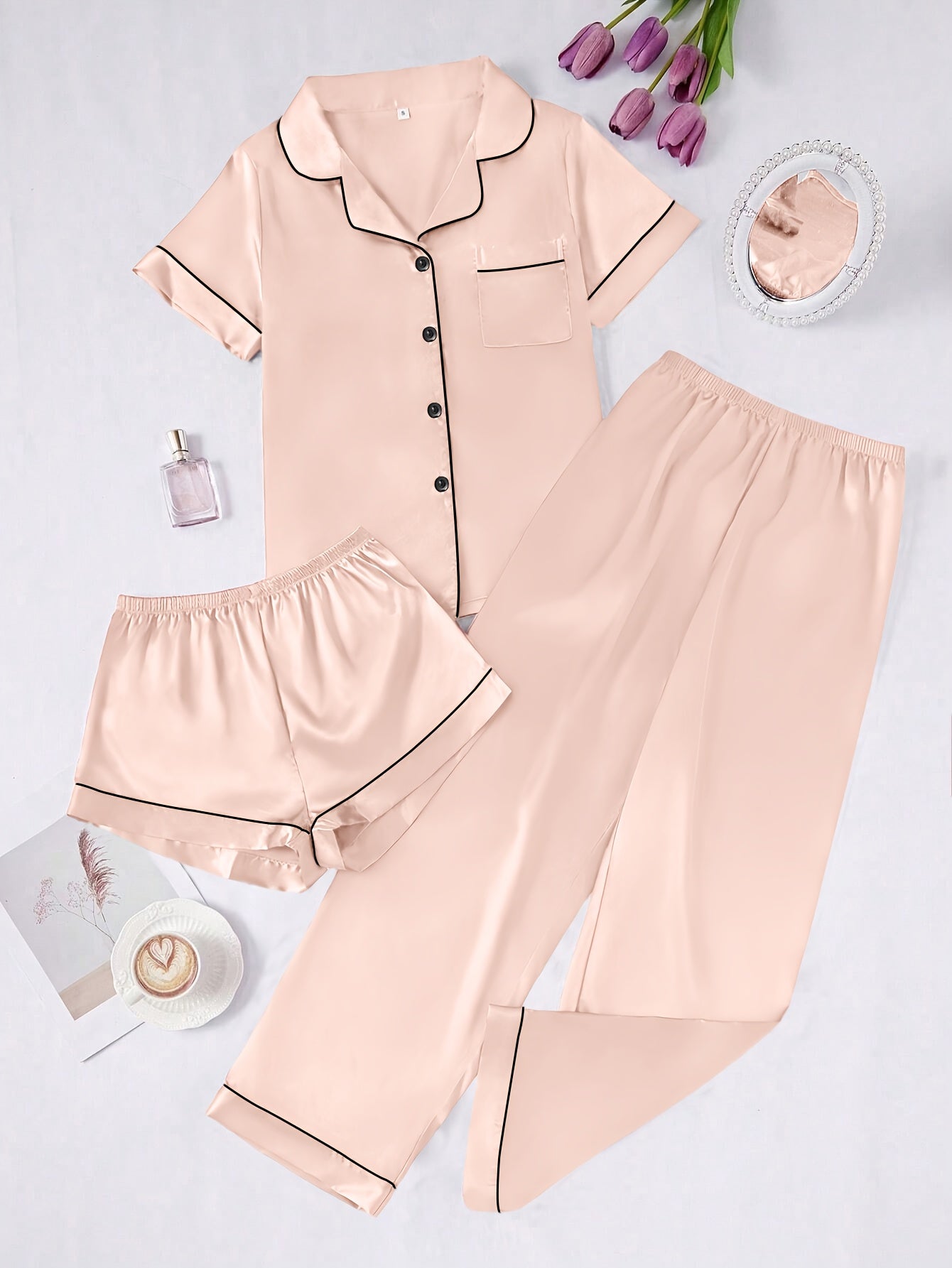 Solid Color Women'S Simple And Comfortable 3pcs Pajama Set, Includes 3pcss: Collared Short-Sleeve Top & Elastic Waist Shorts & Elastic Waist Long Pants Women'S Pajama Set