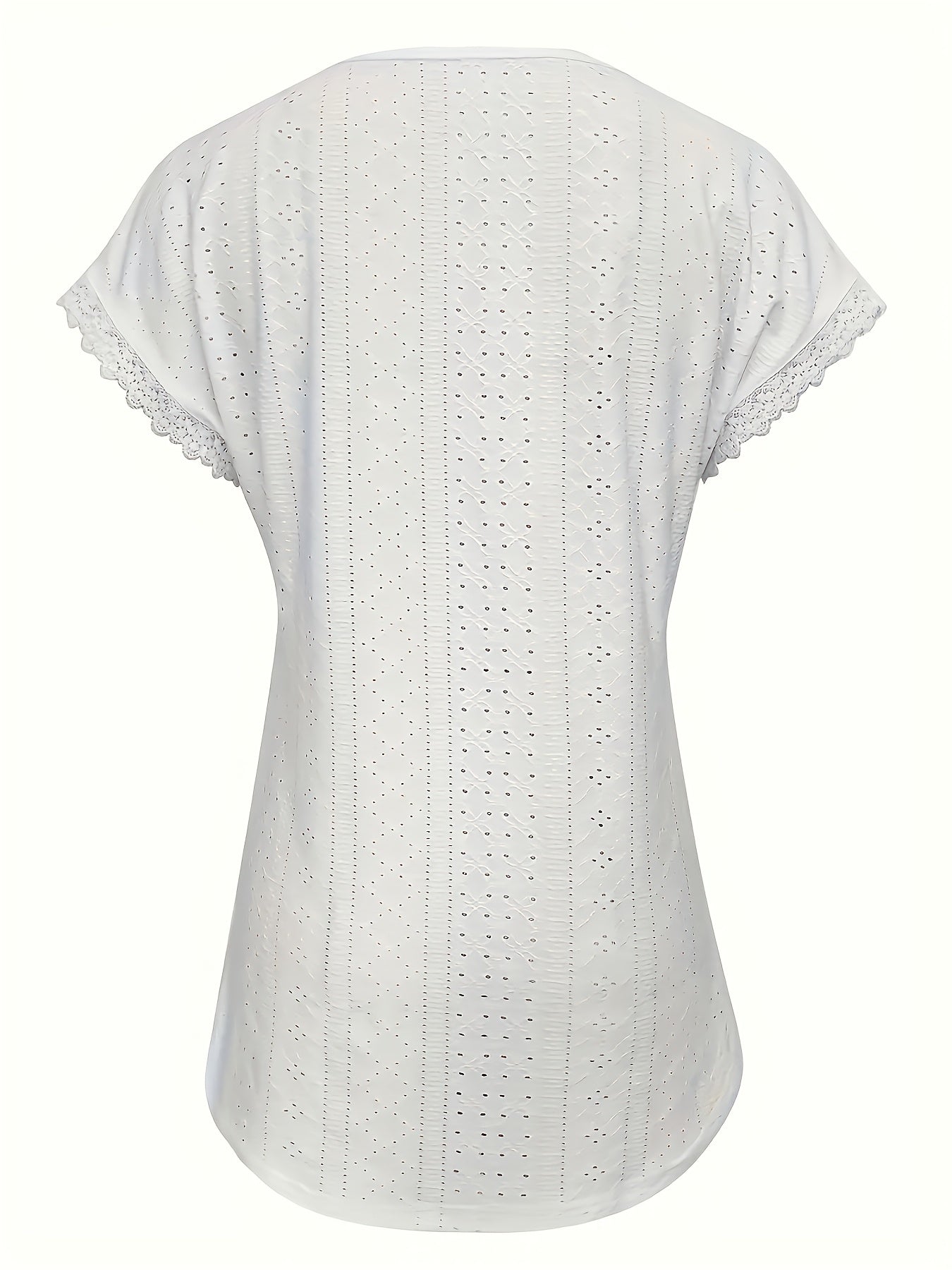 Casual Wear] Women'S Elegant Eyelet Lace V-Neck Blouse - Casual Boho Chic Short Sleeve, Breathable - Blend, Solid Color With Delicate Lace Trim, Perfect For Spring/Summer