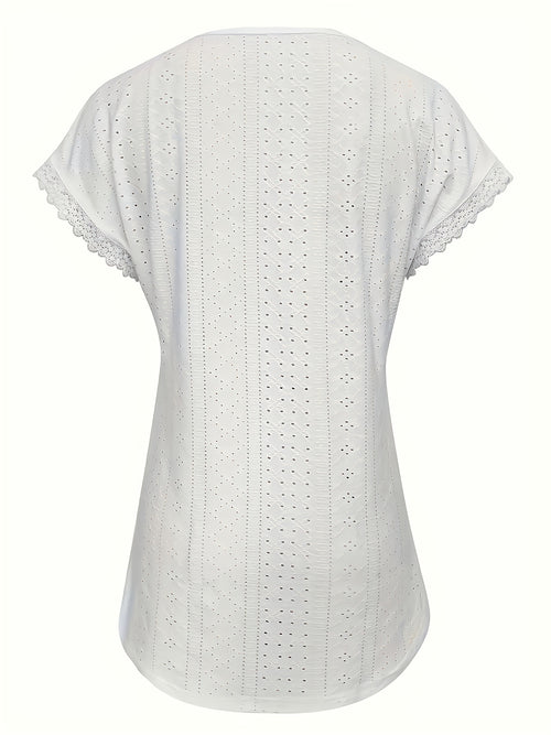 Casual Wear] Women'S Elegant Eyelet Lace V-Neck Blouse - Casual Boho Chic Short Sleeve, Breathable - Blend, Solid Color With Delicate Lace Trim, Perfect For Spring/Summer