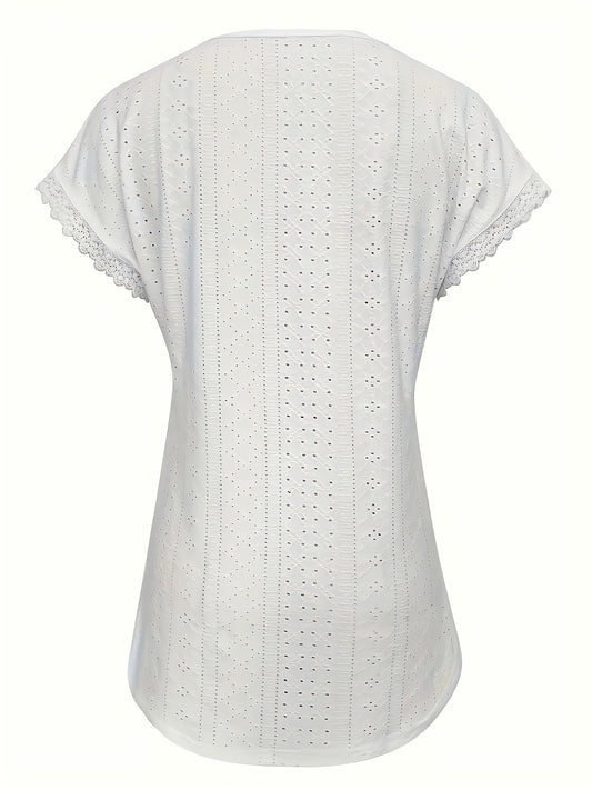 Casual Wear] Women'S Elegant Eyelet Lace V-Neck Blouse - Casual Boho Chic Short Sleeve, Breathable - Blend, Solid Color With Delicate Lace Trim, Perfect For Spring/Summer