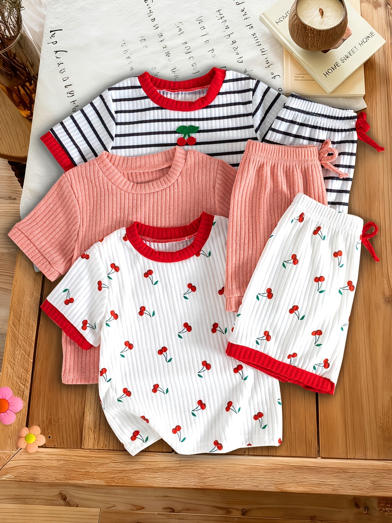 6pcs Set Of Girls' Summer New Cherry Fruit Pattern Short-sleeve And Shorts Comfortable Outfit, Perfect for Outdoor