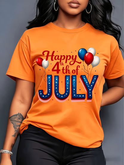 Plus Size - Plus Size - Plus Size - American Retro Style Happy 4Th of July Balloon Print Short-Sleeve T-Shirt, Fresh And Stylish, for Women, Spring And Summer, Casual And Versatile, Comfortable And Breathable, Machine Washable, Perfect for Home
