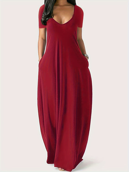 2pcs Set Of Summer V-neck Long Skirt, Casual Loose And A-line Dress, Women'S Short Sleeved Versatile Long Skirt, Short Sleeved Long Skirt, Big Swing Long Skirt, And Lazy Style