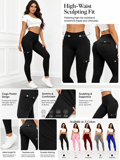 5pcs Set Of Women's High-waists Yoga Leggings with Belt Pockets, Elastic Running And Sports Leggings, Button Design, Solid Colors (black, Navy Blue, Gray, Pink, Red), Practical Flap Pockets, Comfortable Fabric.