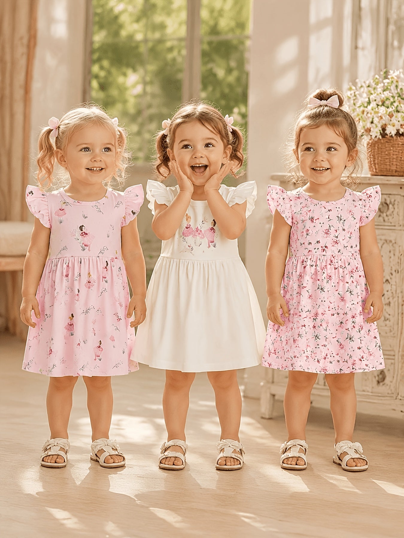 A Cute And Casual Outfit Set for Baby Girls Featuring a Pink Floral Print Dress with Flutter Sleeves, Designed for Spring And Summer.