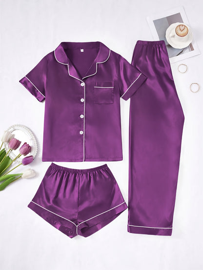 Solid Color Women'S Simple And Comfortable 3pcs Pajama Set, Includes 3pcss: Collared Short-Sleeve Top & Elastic Waist Shorts & Elastic Waist Long Pants Women'S Pajama Set