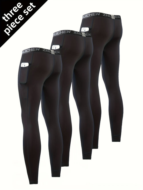 3pcs Men'S Compression Leggings with Pockets - High Stretch, Quick-Dry Athletic Tights for Basketball, Running And Fitness Training