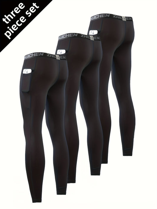3pcs Men'S Compression Leggings with Pockets - High Stretch, Quick-Dry Athletic Tights for Basketball, Running And Fitness Training