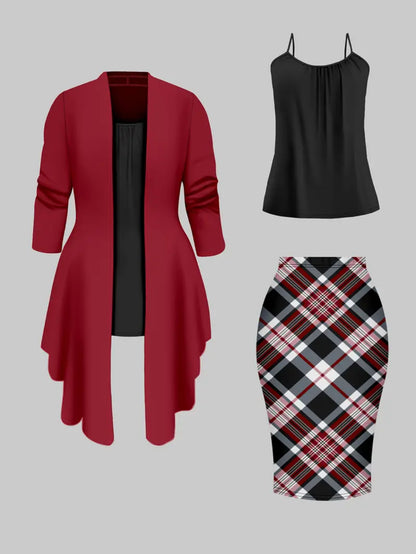 Women'S Retro Irregular Hem Three-Quarter Sleeve Cardigan + Black Camisole and Plaid Bodycon Skirt Three-Piece Set - Spring/Autumn Commuter and Party Outfit