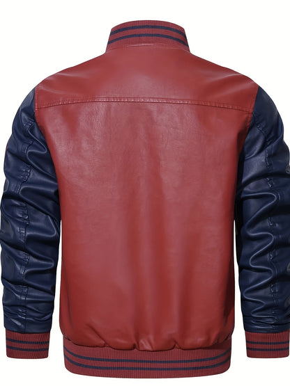 Plus Size Men'S Letter "R" Print PU Jacket for Spring/Autumn, Oversized Punk Raglan Baseball Jacket for Big & Tall Males, Men'S Clothing
