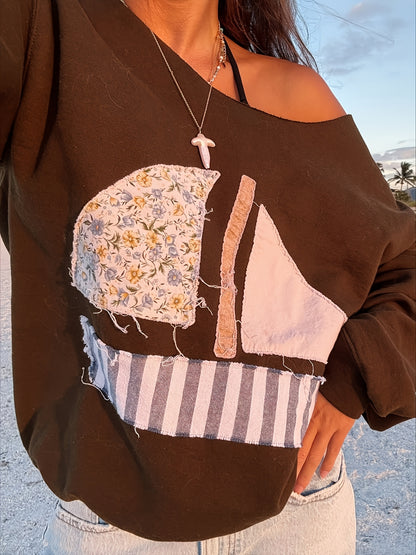 Women'S 3D Oversized Pattern Patch Off-Shoulder Long-Sleeved Sweatshirt, Sailboat Pattern, One-Shoulder/ Off Shoulder Pullover, Spring And Summer New Style, Women'S Clothing Blouse Tops