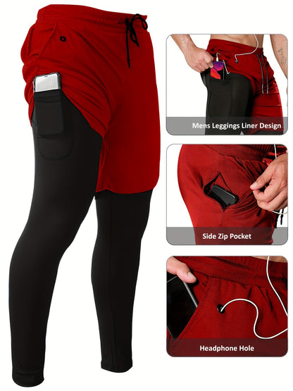Set of 2 Men'S 2-In-1 Running And Workout Pants Designed for Gym Use, Featuring a Towel Loop