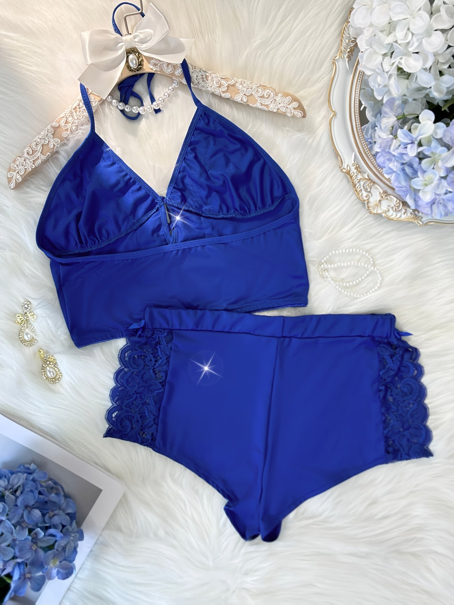 Spring/Summer New Gift Set: Solid Color Lace Trim Halter Neck Tie-Back Button-Up Open-Back Lace Trim Soft Skin-Friendly Sexy Home Sleepwear Set