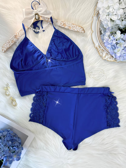 Spring/Summer New Gift Set: Solid Color Lace Trim Halter Neck Tie-Back Button-Up Open-Back Lace Trim Soft Skin-Friendly Sexy Home Sleepwear Set