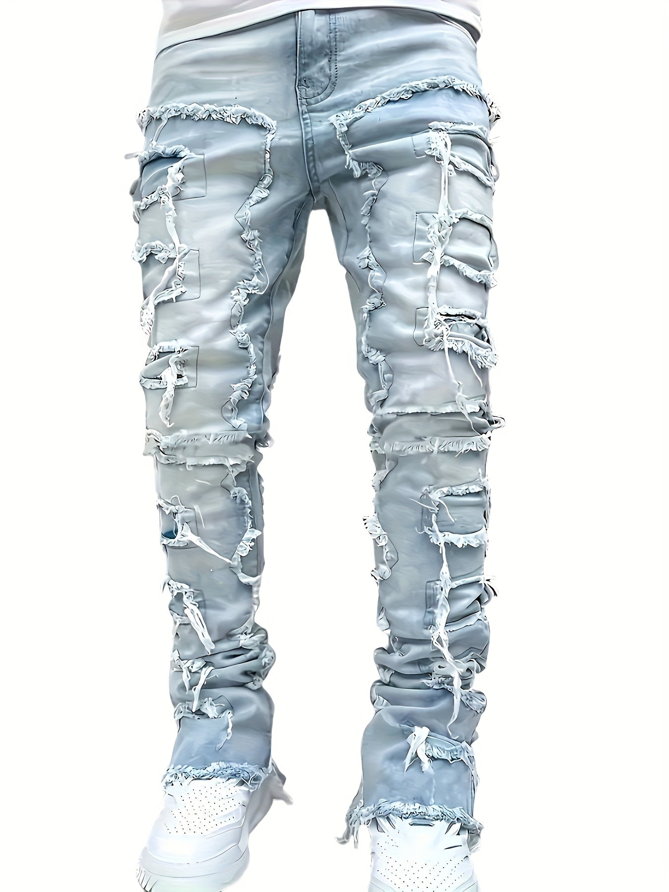 Men's Slim-Fit Stretch Jeans with Fringe Tassel decoration - Hip-Hop Skateboard Style Straight Pants, Washed Denomination for all- Wear (Machine Washable, Urban Streetwear) - Comfortable & Trendy for Skating & Everyday