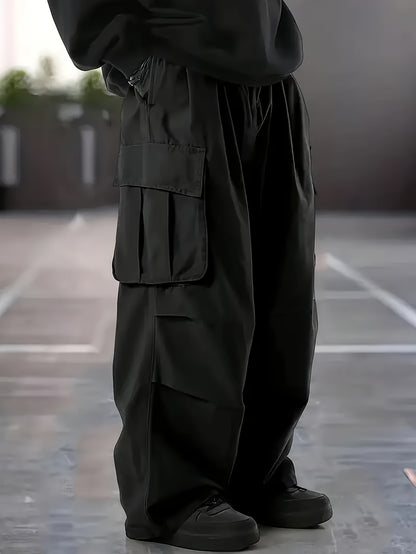 Men'S Plus Size Cargo Trousers - Casual Style for Spring And Autumn, Multi-Pocket Straight Leg Pants for All Seasons with Drawstring, Versatile Fashion, Wide Leg Design, Comfortable Casual Wear | Stylish Cargo Trousers | Comfortable Fit Pants