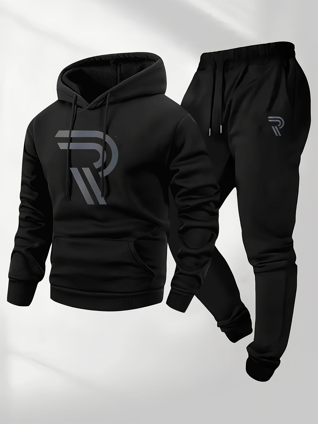 Independence Day Celebration Men's Sportswear 2pcs Hoodie with Pants, Grey with Black Logo, Non-elastic Fabric, Regular Fit, with Pockets, Suitable for Autumn And Winter, Hoodie | Pocket Pants, Sweater Hoodie, Street Style, Party Style