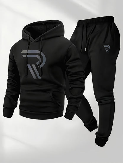 Independence Day Celebration Men's Sportswear 2pcs Hoodie with Pants, Grey with Black Logo, Non-elastic Fabric, Regular Fit, with Pockets, Suitable for Autumn And Winter, Hoodie | Pocket Pants, Sweater Hoodie, Street Style, Party Style